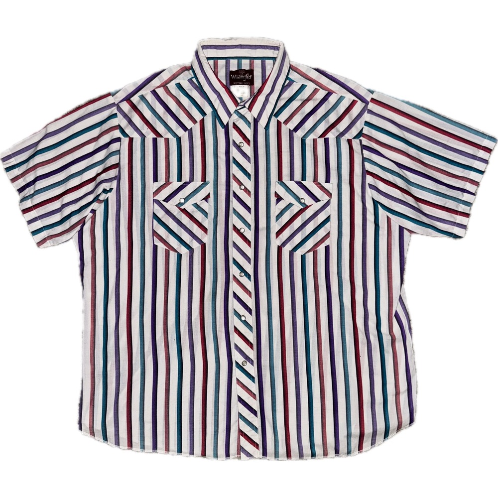VTG Wrangler Men XXL‎ Pearl Snap Shirt White Multi Striped Short Sleeve Western